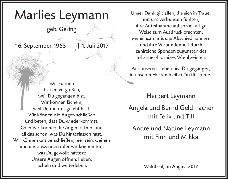  Traueranzeige für Marlies Leymann vom 30.08.2017 aus  Lokalanzeiger 