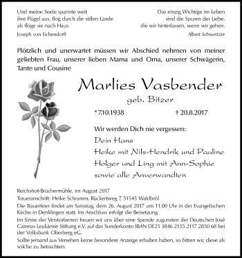 Anzeige von Marlies Vasbender von Kölner Stadt-Anzeiger / Kölnische Rundschau / Express