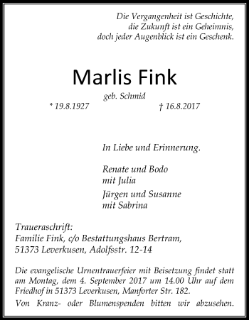 Anzeige von Marlis Fink von Kölner Stadt-Anzeiger / Kölnische Rundschau / Express