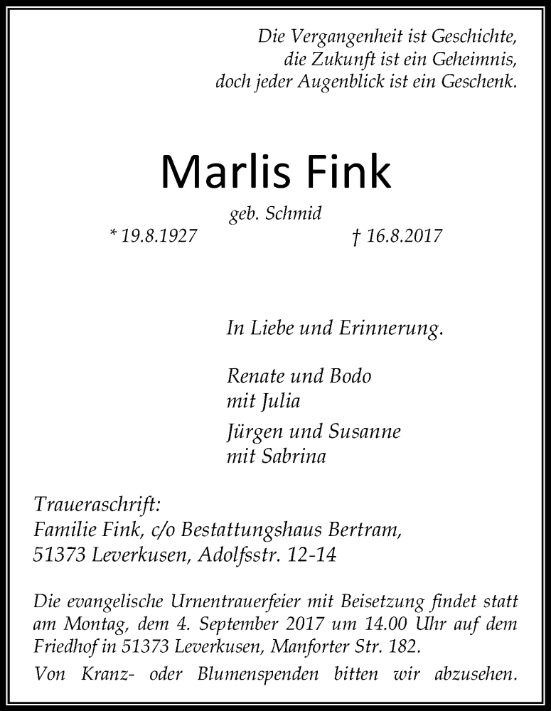  Traueranzeige für Marlis Fink vom 26.08.2017 aus Kölner Stadt-Anzeiger / Kölnische Rundschau / Express