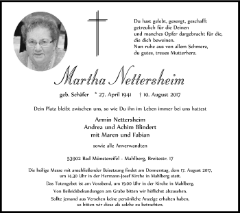 Anzeige von Martha Nettersheim von Kölner Stadt-Anzeiger / Kölnische Rundschau / Express