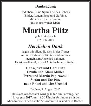 Anzeige von Martha Pütz von  Bergisches Handelsblatt  Anzeigen Echo 
