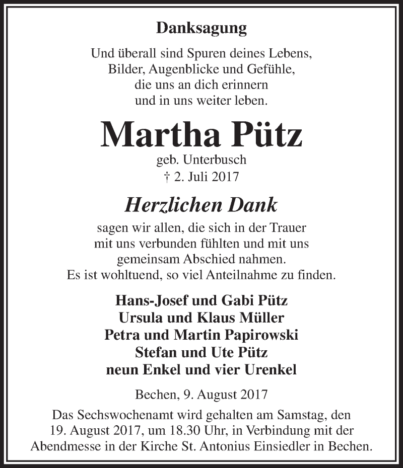  Traueranzeige für Martha Pütz vom 09.08.2017 aus  Bergisches Handelsblatt  Anzeigen Echo 