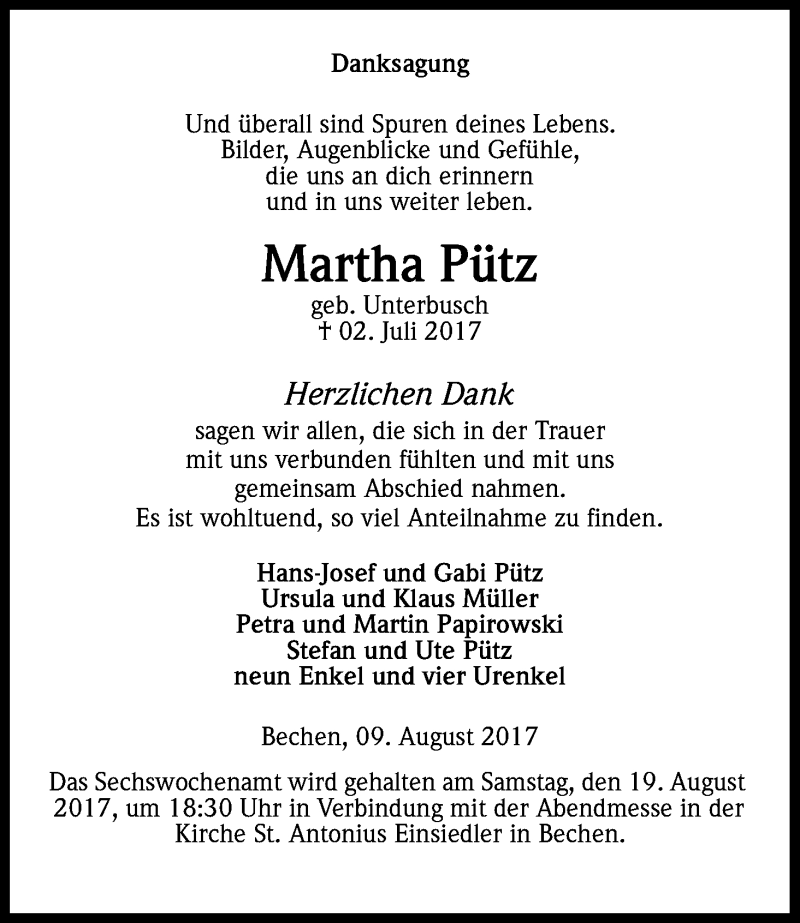  Traueranzeige für Martha Pütz vom 09.08.2017 aus Kölner Stadt-Anzeiger / Kölnische Rundschau / Express