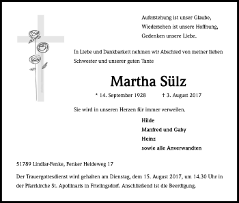 Anzeige von Martha Sülz von Kölner Stadt-Anzeiger / Kölnische Rundschau / Express