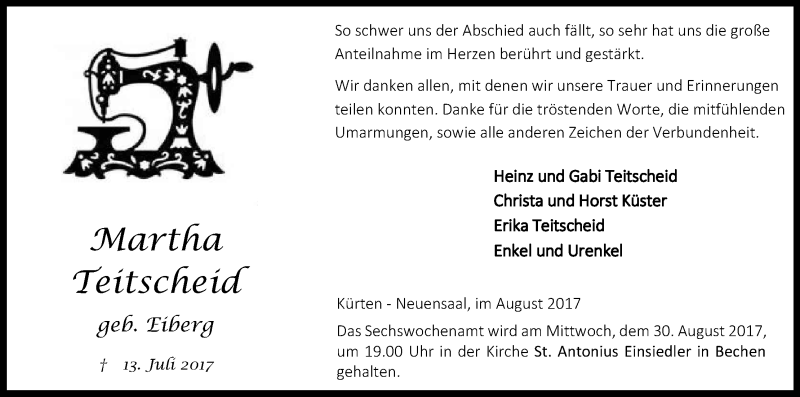  Traueranzeige für Martha Teitscheid vom 26.08.2017 aus Kölner Stadt-Anzeiger / Kölnische Rundschau / Express