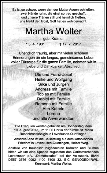 Anzeige von Martha Wolter von Kölner Stadt-Anzeiger / Kölnische Rundschau / Express