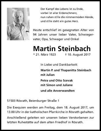Anzeige von Martin Steinbach von Kölner Stadt-Anzeiger / Kölnische Rundschau / Express