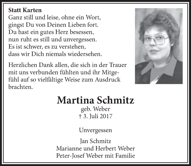  Traueranzeige für Martina Schmitz vom 02.08.2017 aus  Schlossbote/Werbekurier 