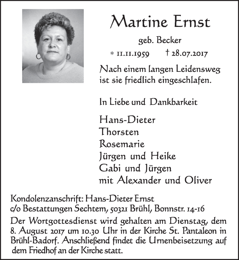  Traueranzeige für Martine Ernst vom 02.08.2017 aus  Schlossbote/Werbekurier 