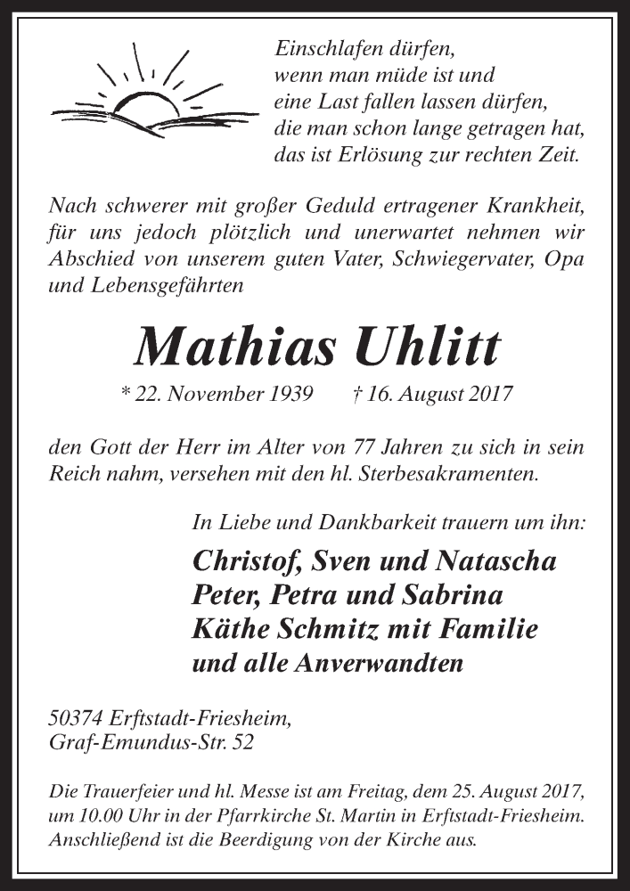 Traueranzeige für Mathias Uhlitt vom 23.08.2017 aus  Werbepost 