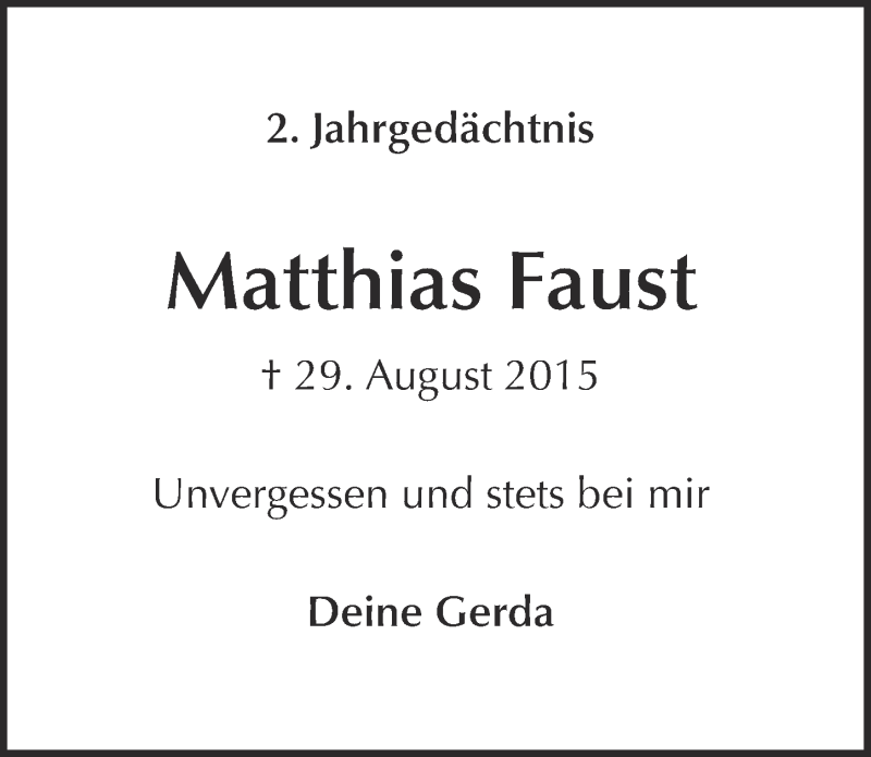  Traueranzeige für Matthias Faust vom 30.08.2017 aus  Kölner Wochenspiegel 