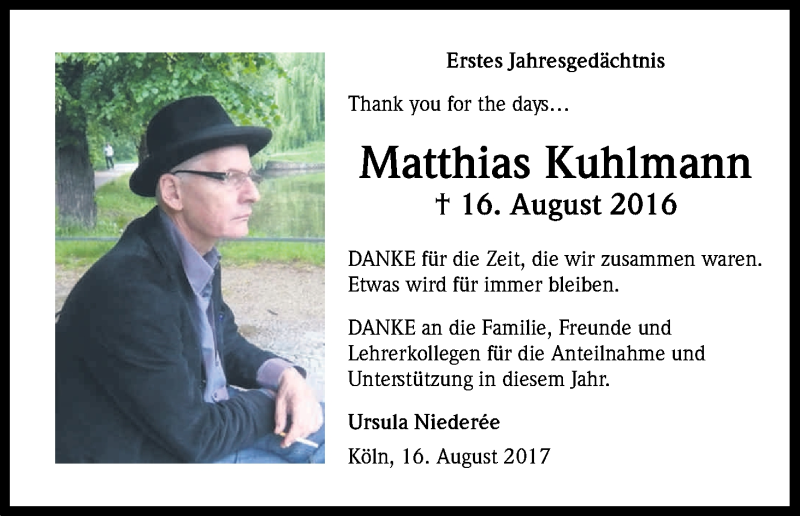  Traueranzeige für Matthias Kuhlmann vom 19.08.2017 aus Kölner Stadt-Anzeiger / Kölnische Rundschau / Express
