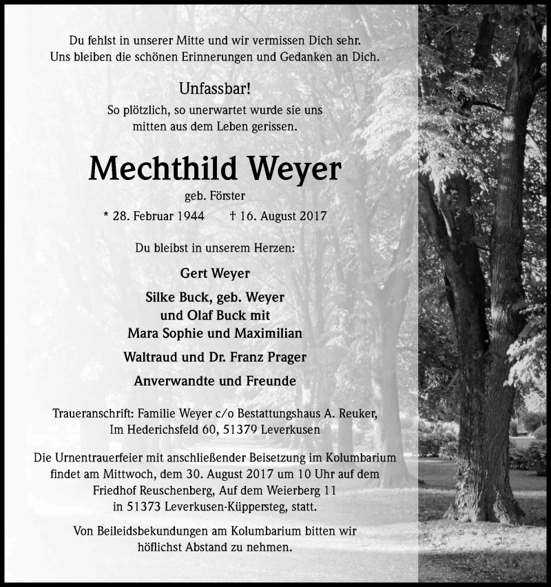  Traueranzeige für Mechthild Weyer vom 26.08.2017 aus Kölner Stadt-Anzeiger / Kölnische Rundschau / Express