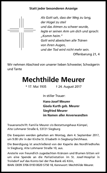 Anzeige von Mechthilde Meurer von Kölner Stadt-Anzeiger / Kölnische Rundschau / Express