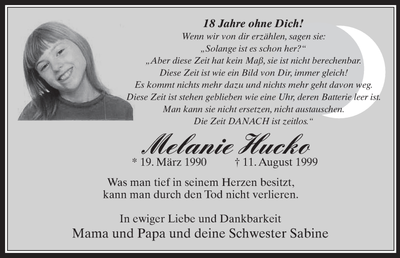  Traueranzeige für Melanie Hucko vom 09.08.2017 aus  Werbepost 