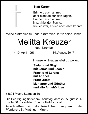 Anzeige von Melitta Kreuzer von Kölner Stadt-Anzeiger / Kölnische Rundschau / Express