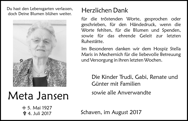  Traueranzeige für Meta Jansen vom 05.08.2017 aus  Blickpunkt Euskirchen 