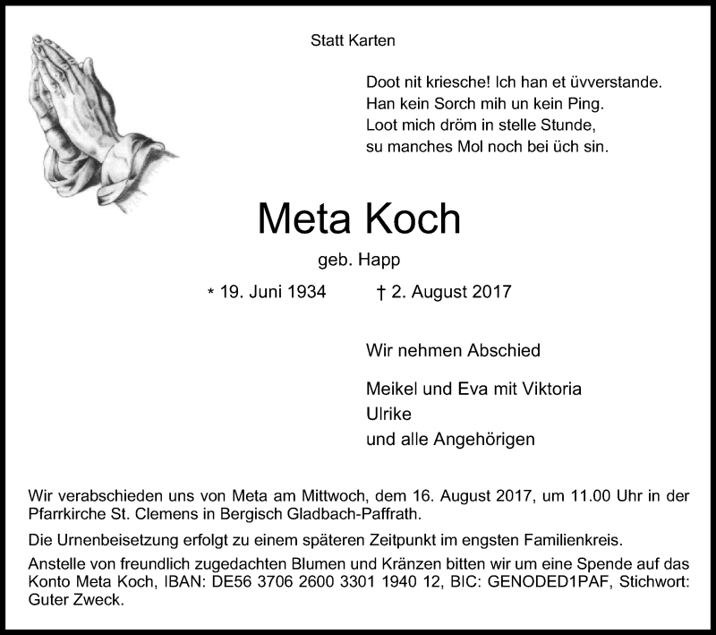  Traueranzeige für Meta Koch vom 09.08.2017 aus Kölner Stadt-Anzeiger / Kölnische Rundschau / Express