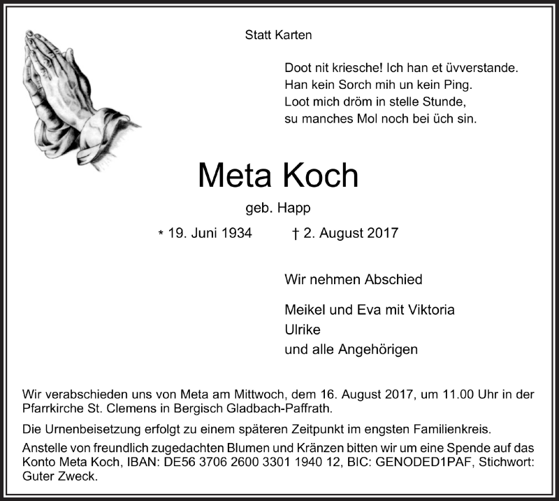  Traueranzeige für Meta Koch vom 09.08.2017 aus  Bergisches Handelsblatt 