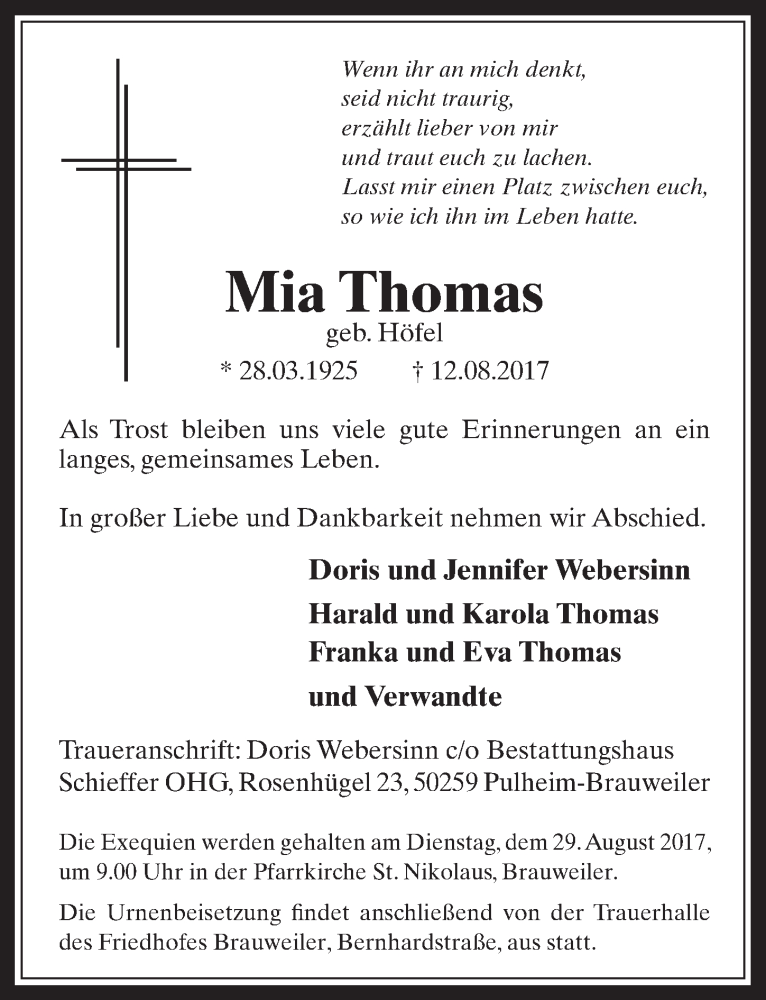  Traueranzeige für Mia Thomas vom 23.08.2017 aus  Wochenende 