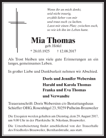Anzeige von Mia Thomas von  Wochenende 