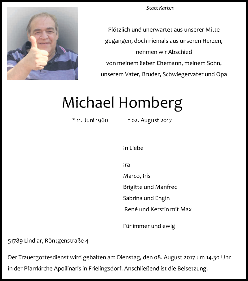  Traueranzeige für Michael Homberg vom 05.08.2017 aus Kölner Stadt-Anzeiger / Kölnische Rundschau / Express