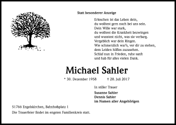 Anzeige von Michael Sahler von Kölner Stadt-Anzeiger / Kölnische Rundschau / Express