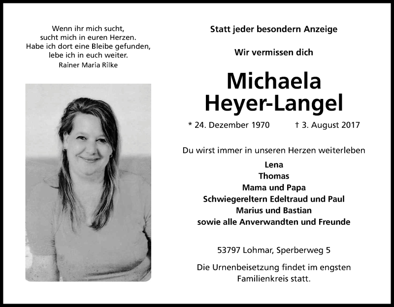  Traueranzeige für Michaela Heyer-Langel vom 12.08.2017 aus Kölner Stadt-Anzeiger / Kölnische Rundschau / Express