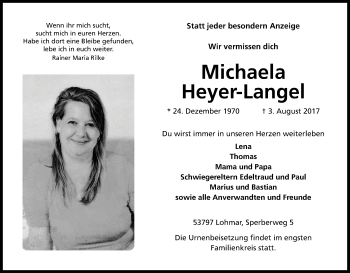 Anzeige von Michaela Heyer-Langel von Kölner Stadt-Anzeiger / Kölnische Rundschau / Express