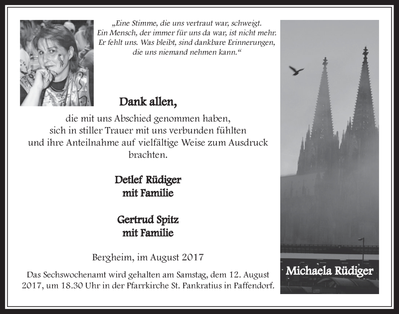  Traueranzeige für Michaela Rüdiger vom 02.08.2017 aus  Werbepost 