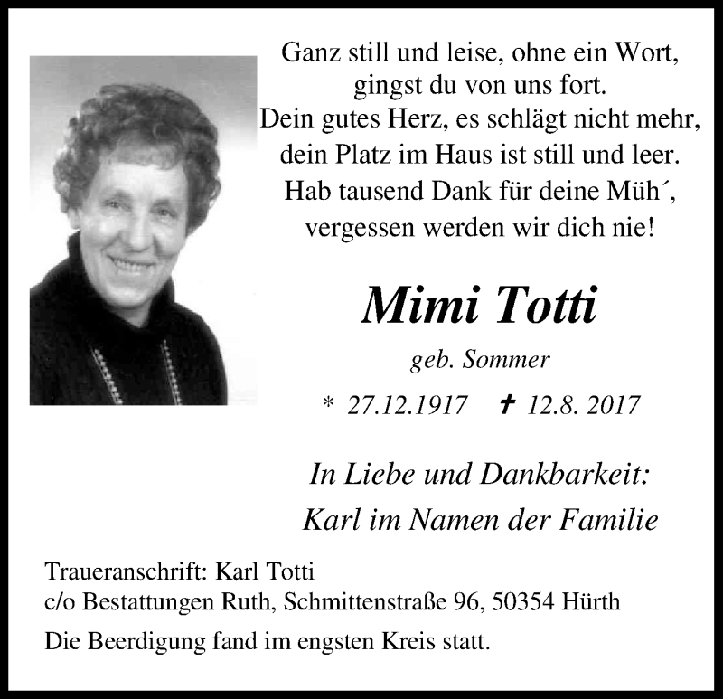  Traueranzeige für Mimi Totti vom 19.08.2017 aus Kölner Stadt-Anzeiger / Kölnische Rundschau / Express