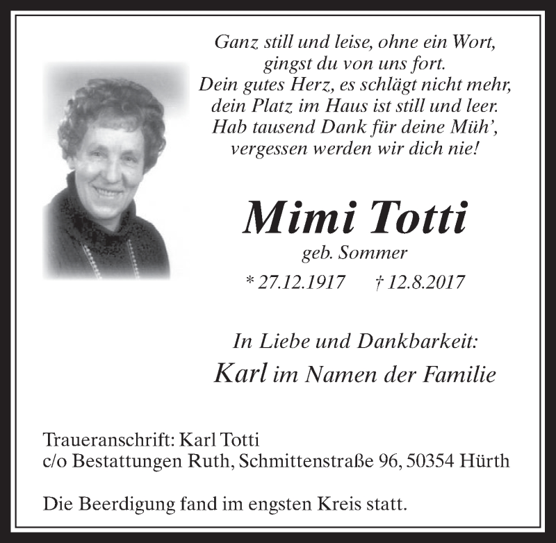  Traueranzeige für Mimi Totti vom 23.08.2017 aus  Wochenende 