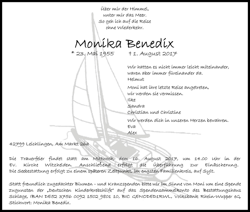  Traueranzeige für Monika Benedix vom 12.08.2017 aus Kölner Stadt-Anzeiger / Kölnische Rundschau / Express