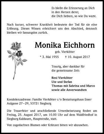 Anzeige von Monika Eichhorn von Kölner Stadt-Anzeiger / Kölnische Rundschau / Express