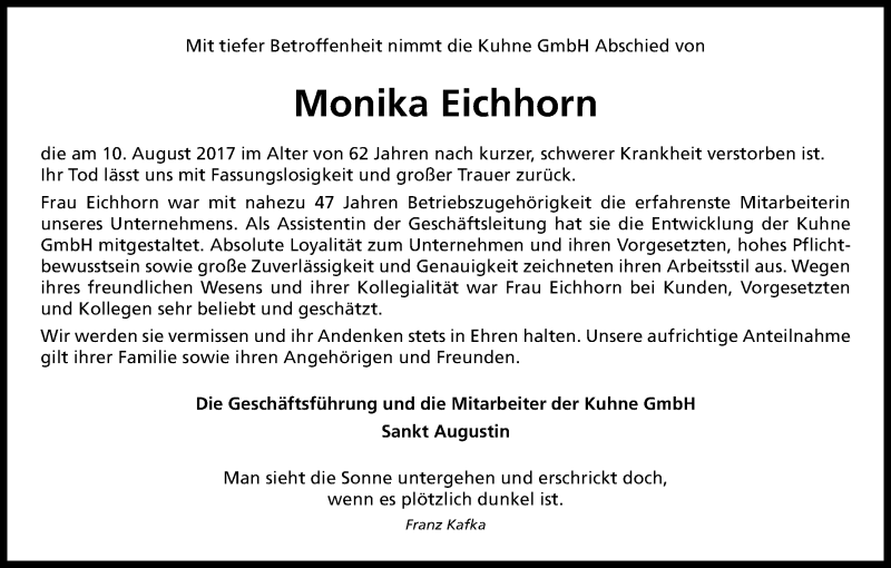  Traueranzeige für Monika Eichhorn vom 23.08.2017 aus Kölner Stadt-Anzeiger / Kölnische Rundschau / Express