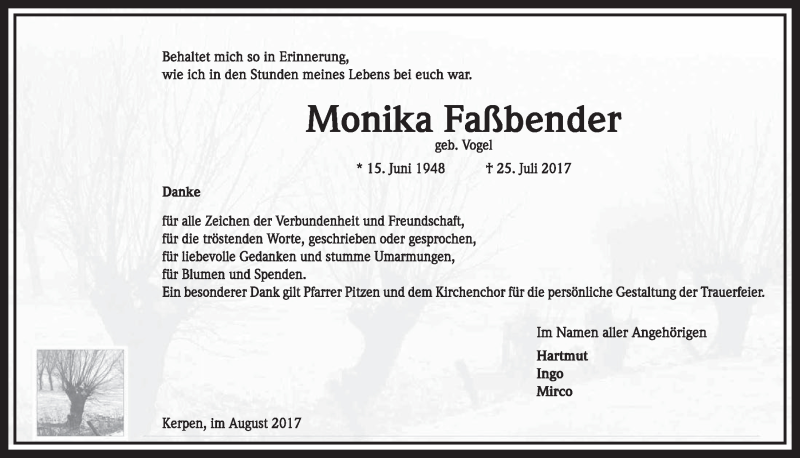  Traueranzeige für Monika Faßbender vom 26.08.2017 aus  Sonntags-Post 