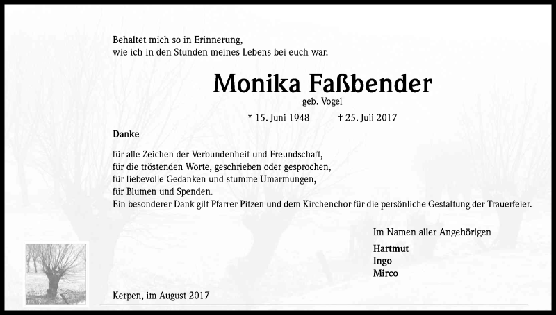  Traueranzeige für Monika Faßbender vom 26.08.2017 aus Kölner Stadt-Anzeiger / Kölnische Rundschau / Express