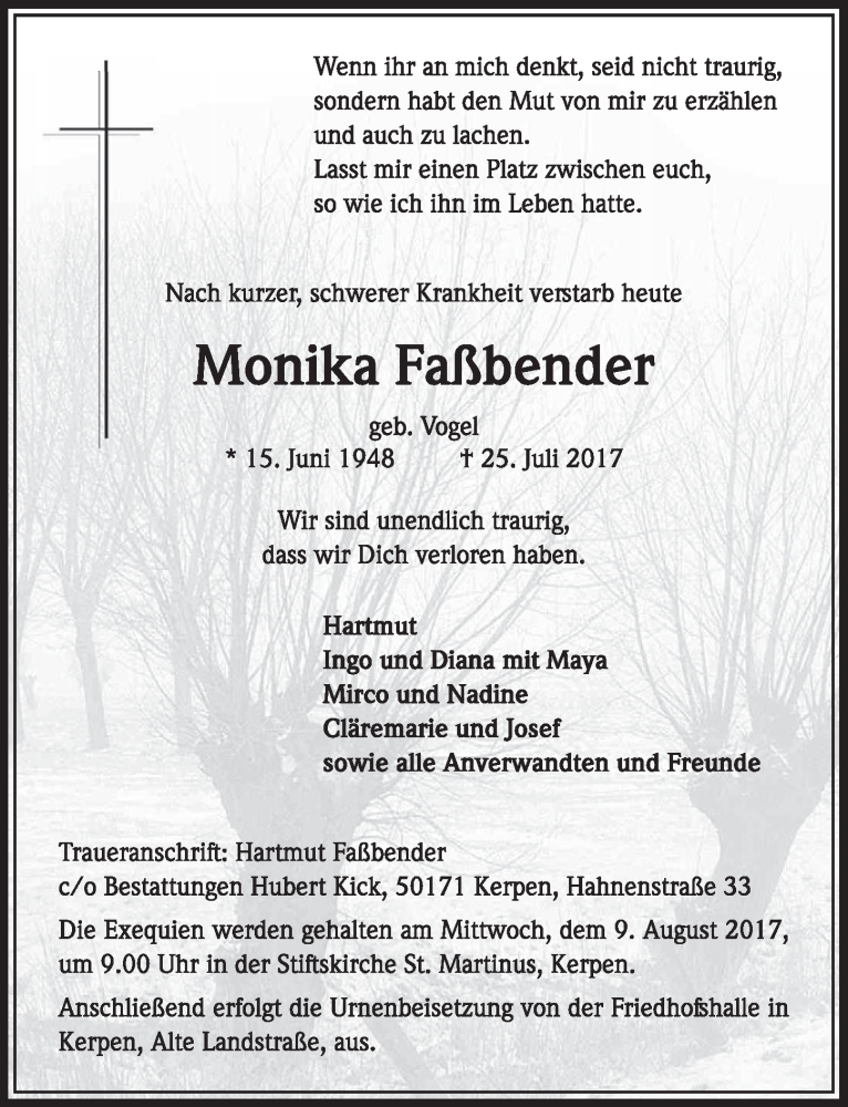  Traueranzeige für Monika Faßbender vom 05.08.2017 aus  Sonntags-Post 
