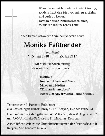 Anzeige von Monika Faßbender von Kölner Stadt-Anzeiger / Kölnische Rundschau / Express