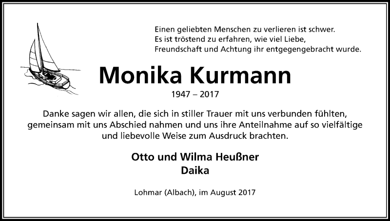  Traueranzeige für Monika Kurmann vom 30.08.2017 aus Kölner Stadt-Anzeiger / Kölnische Rundschau / Express