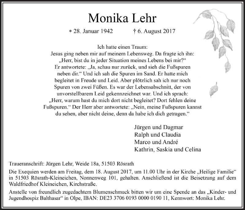  Traueranzeige für Monika Lehr vom 16.08.2017 aus  Bergisches Handelsblatt 