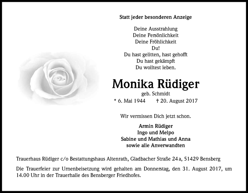  Traueranzeige für Monika Rüdiger vom 25.08.2017 aus Kölner Stadt-Anzeiger / Kölnische Rundschau / Express