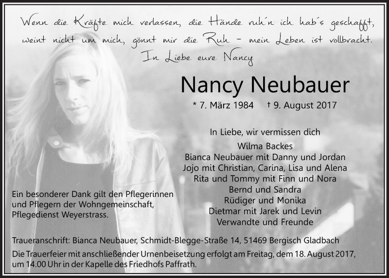  Traueranzeige für Nancy Neubauer vom 16.08.2017 aus  Bergisches Handelsblatt 