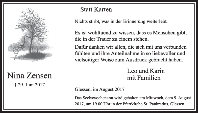  Traueranzeige für Nina Zensen vom 05.08.2017 aus  Sonntags-Post 