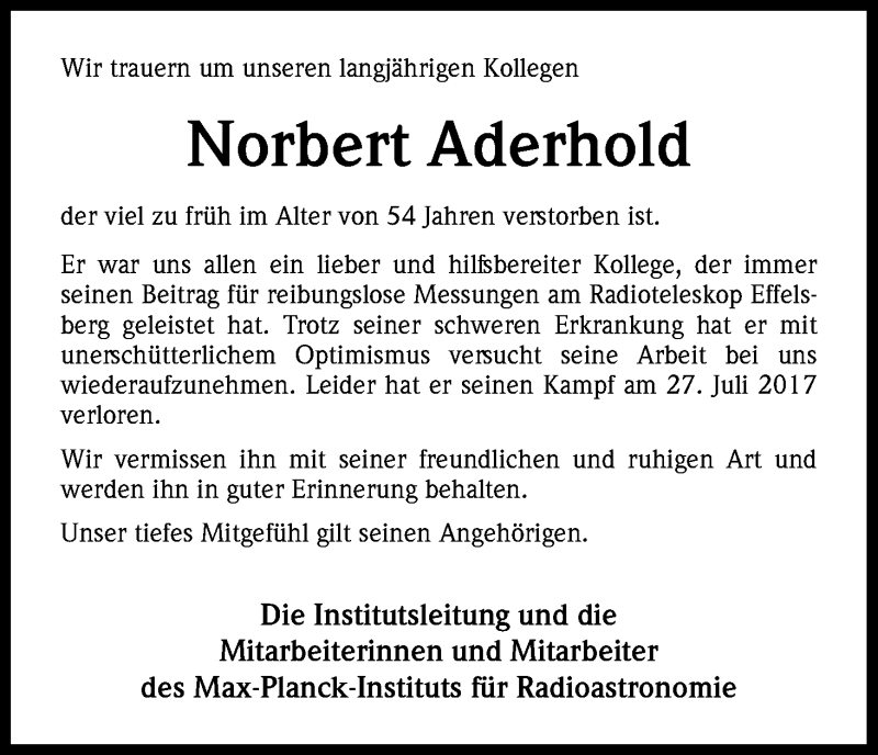  Traueranzeige für Norbert Aderhold vom 05.08.2017 aus Kölner Stadt-Anzeiger / Kölnische Rundschau / Express