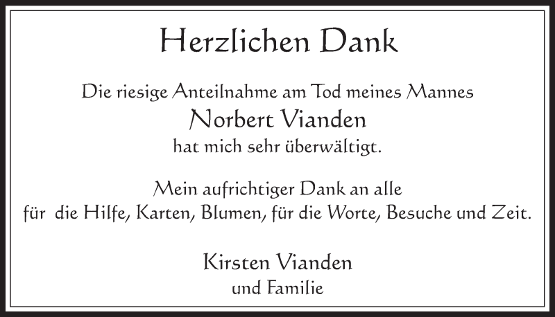  Traueranzeige für Norbert Vianden vom 02.08.2017 aus  Werbepost 