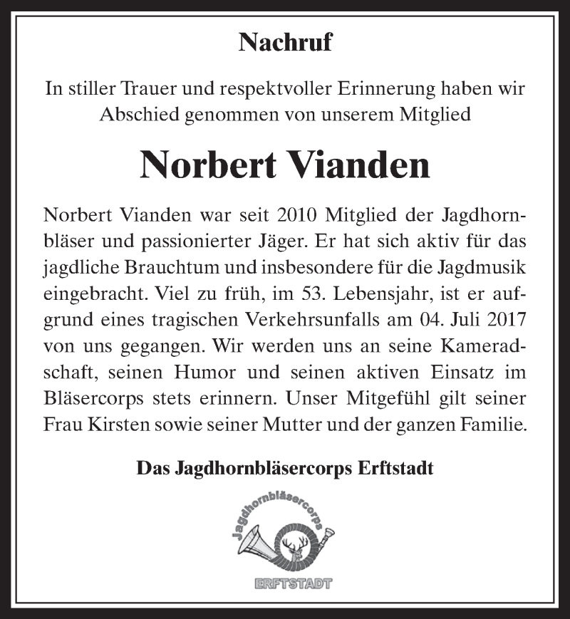  Traueranzeige für Norbert Vianden vom 02.08.2017 aus  Werbepost 