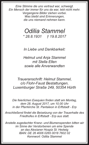 Anzeige von Odilia Stammel von  Werbepost 