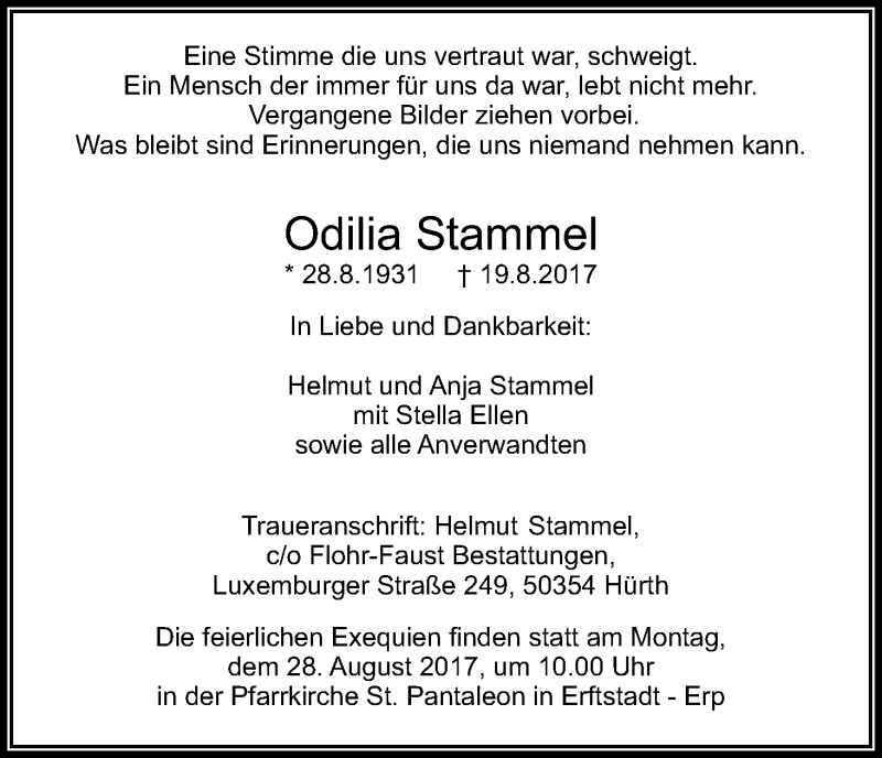  Traueranzeige für Odilia Stammel vom 26.08.2017 aus Kölner Stadt-Anzeiger / Kölnische Rundschau / Express